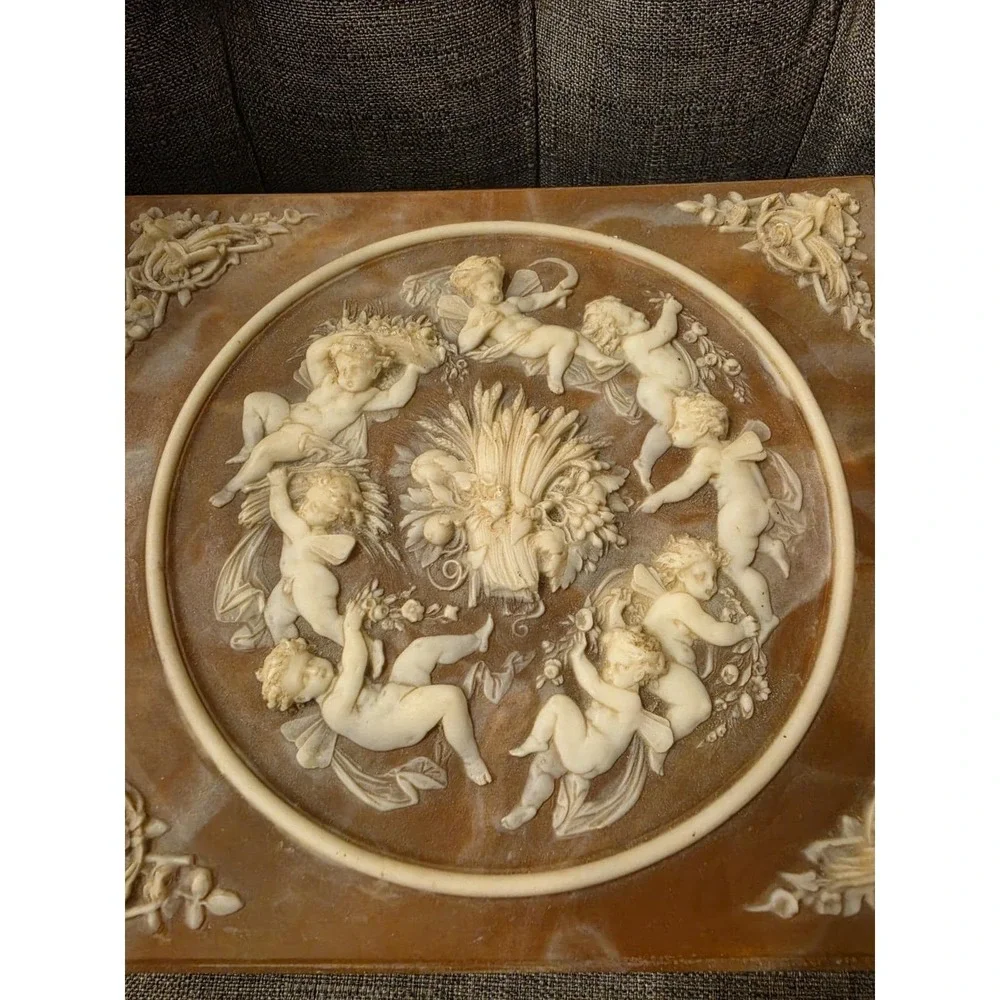 Vintage Incolay Stone Composite Jewelry Box With Tray Cherub Angels & Floral 7